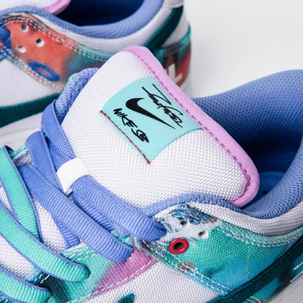Futura Laboratories x Nike SB Dunk Low White and Geode Teal