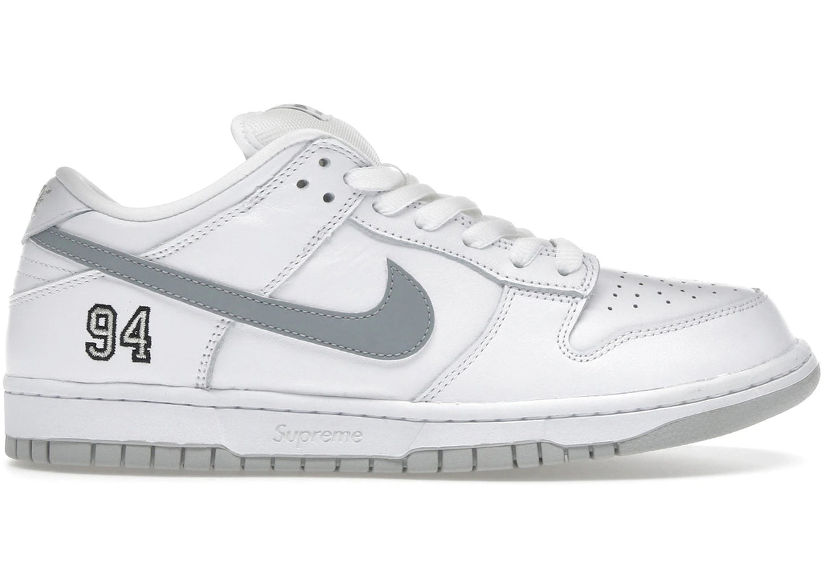 Supreme x Nike SB Dunk Low "94" White Metallic Silver FW25